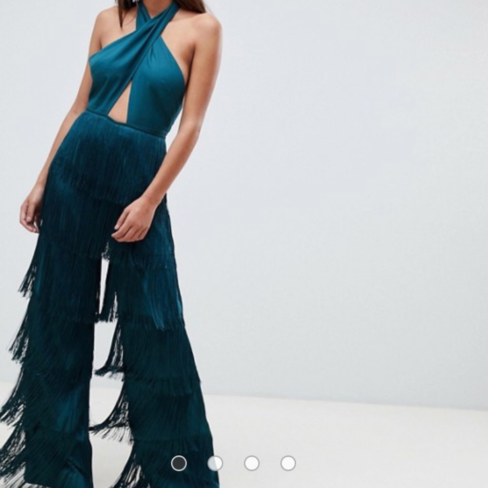 ASOS DESIGN cross front halter jumpsuit w fringing